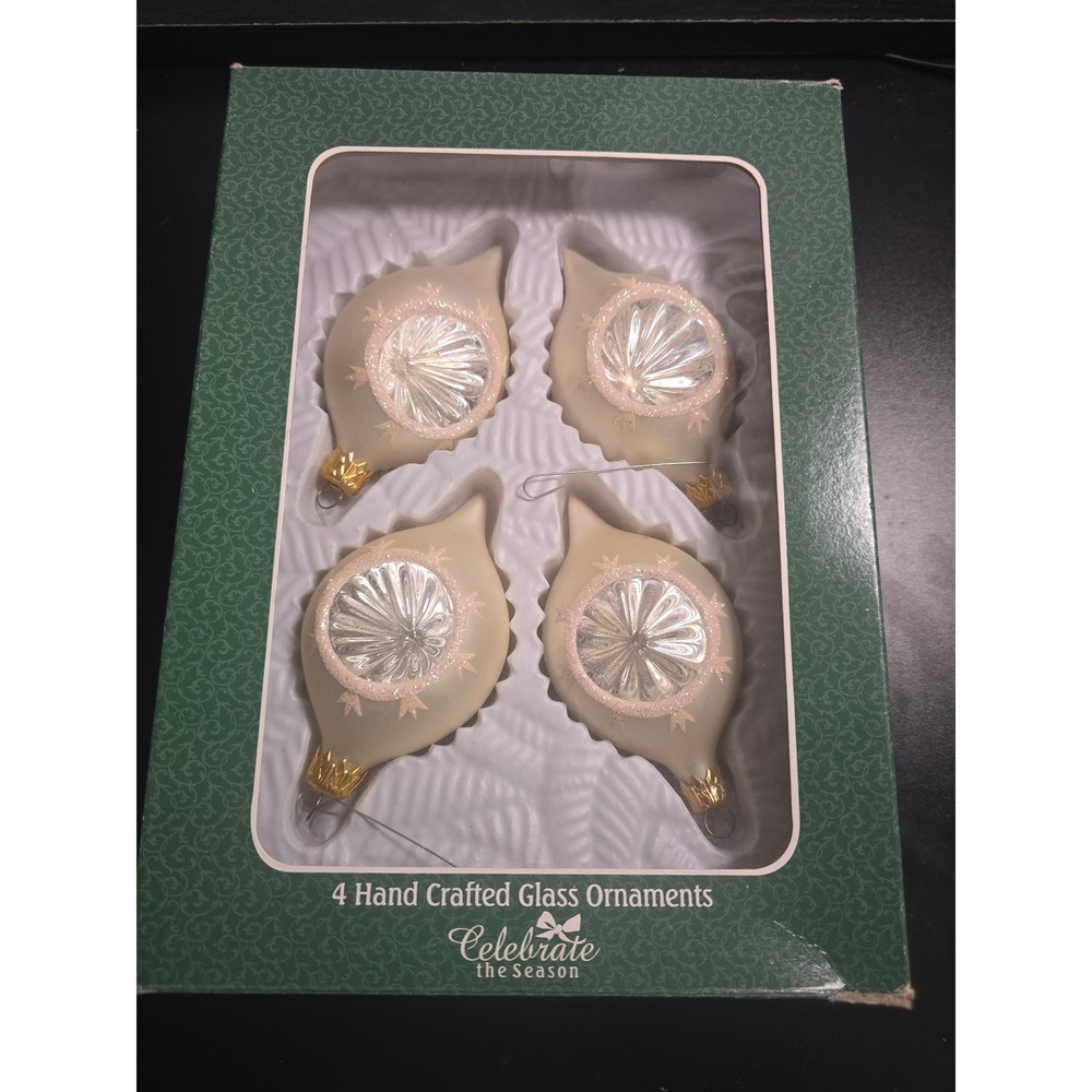 Celebrate the Season Hand Crafted Glass Reflector Ornaments Set of 4 Cream Gold